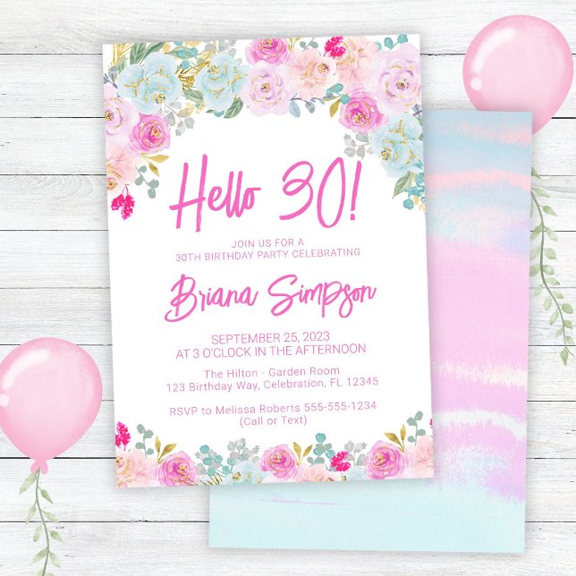 Pink Blue Peach Purple Floral 30th Birthday Party Invitation (Creator Uploaded)