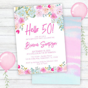 Pink Blue Peach Purple Floral 50th Birthday Party Invitation