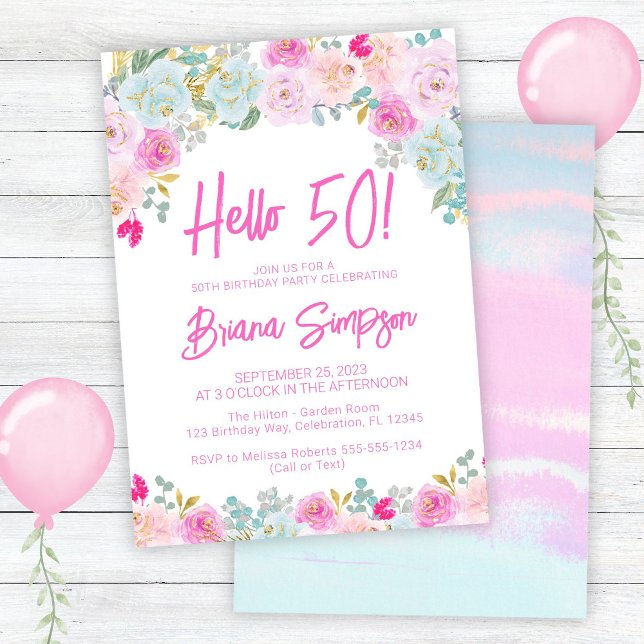 Pink Blue Peach Purple Floral 50th Birthday Party Invitation (Creator Uploaded)