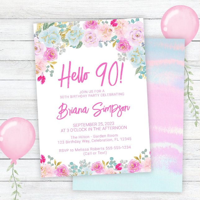 Pink Blue Peach Purple Floral 90th Birthday Party Invitation (Creator Uploaded)