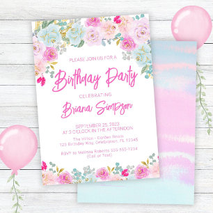 Pink Blue Peach Purple Floral Birthday Party Invitation