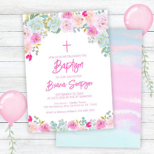 Pink Blue Peach Purple Flowers Floral Baptism Invitation