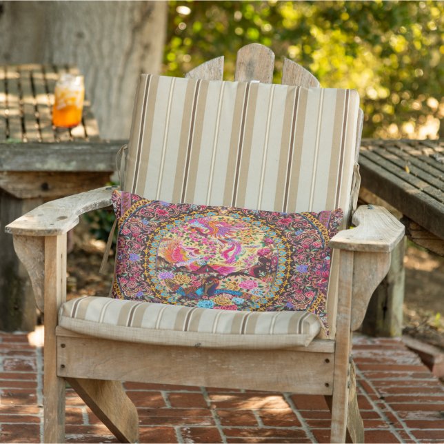 Pink Blue Persian Floral Peacock Patio Outdoor Lumbar Cushion (Chair)