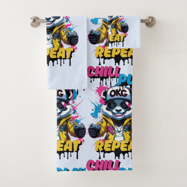 Pink Blue Pixel Panda Swag Bath Towel Set (Insitu)