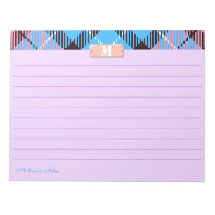 Pink Blue Plaid Custom Monogram Bright Lilac Lined Notepad