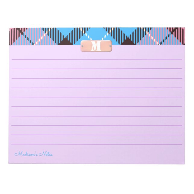 Pink Blue Plaid Custom Monogram Bright Lilac Lined Notepad (Front)