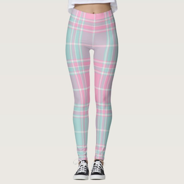 Pink & Blue Plaid Pattern Leggings (Front)