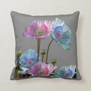 PINK & BLUE POPPY FLOWERS ON GREY ART CUSHION