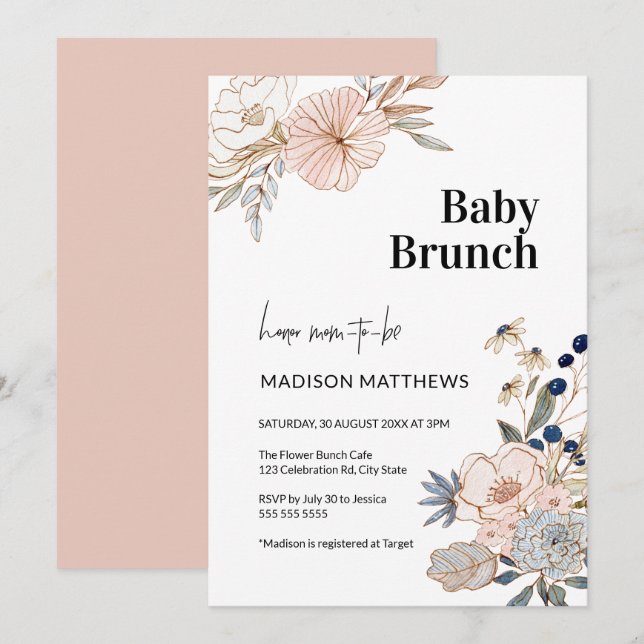 Pink Blue Pretty Floral Baby Brunch Shower Invitation (Front/Back)