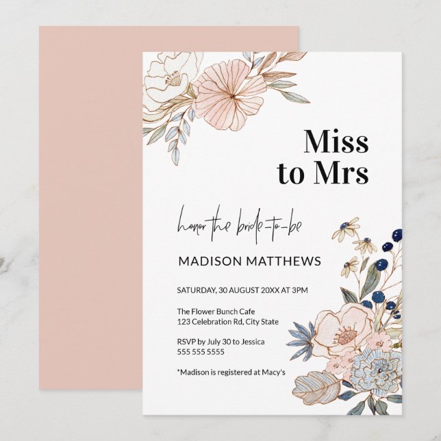 Pink Blue Pretty Floral Bridal Shower Miss to Mrs Invitation (Front/Back)