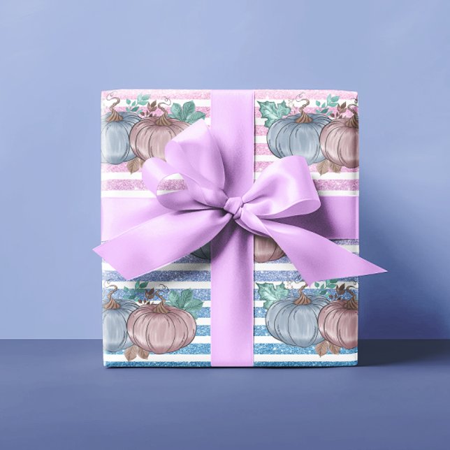 Pink Blue Pumpkin Thanksgiving Gender Reveal Party Wrapping Paper (Creator Uploaded)