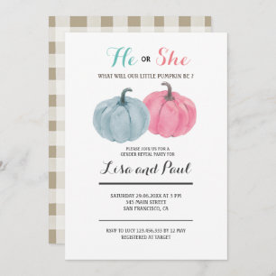 Pink Blue Pumpkins He or She Gender Reveal Invitation
