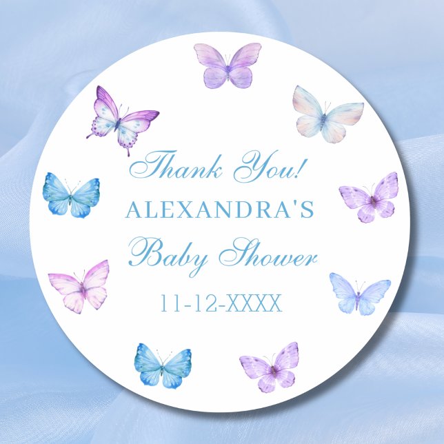 Pink Blue Purple Butterfly Baby Shower Thank You Classic Round Sticker (Creator Uploaded)