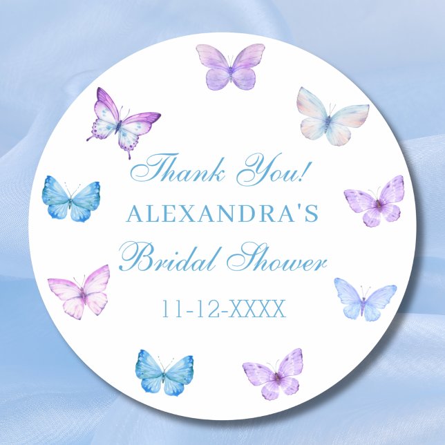 Pink Blue Purple Butterfly Bridal Shower Thank You Classic Round Sticker (Creator Uploaded)