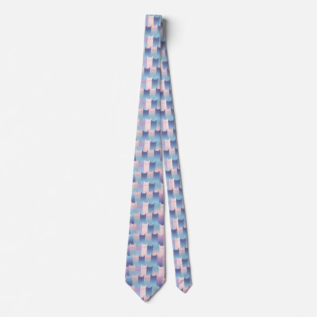 Pink Blue Purple Cat Graphic Cubism Style Pattern Tie (Front)