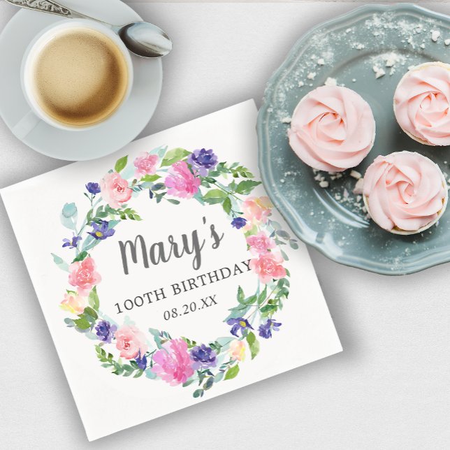 Pink Blue Purple Floral 100th Birthday Napkin (Creator Uploaded)
