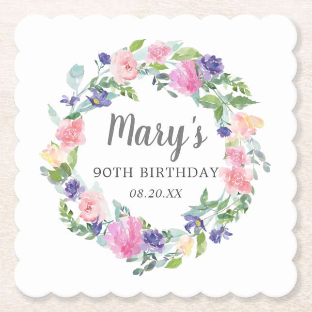 Pink Blue Purple Floral 90th Birthday Paper Coaster (Front)