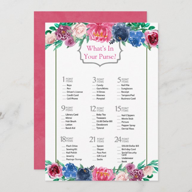 Pink Blue Purple Painted Peony Bridal Shower Game Invitation (Front/Back)