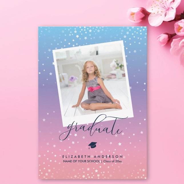 Pink Blue Purple Rainbow Gradient Graduation Photo Announcement (Creator Uploaded)