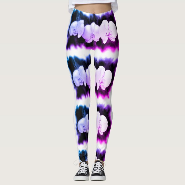 Pink Blue purple watercolor Orchids Pattern Leggings (Front)