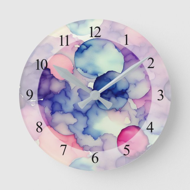 Pink Blue Purple Watercolor paint Fusion  Round Clock (Front)