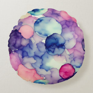 Pink Blue Purple Watercolor paint Fusion Round Cushion