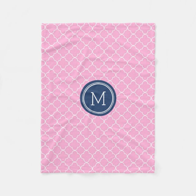 Pink Blue Quatrefoil Pattern Monogram Blanket (Front)