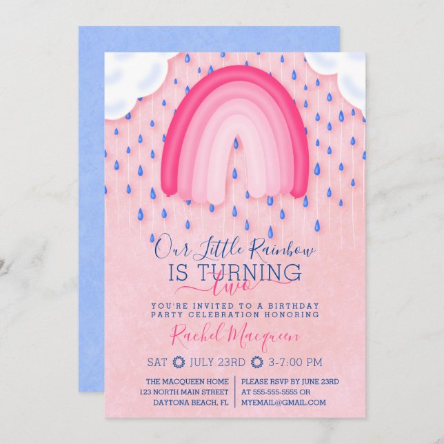 Pink Blue Rainbow Raindrop Clouds Balloon Birthday Invitation (Front/Back)