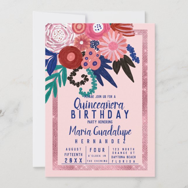 Pink Blue Red Glitter Floral Acrylic Quinceañera Invitation (Front)