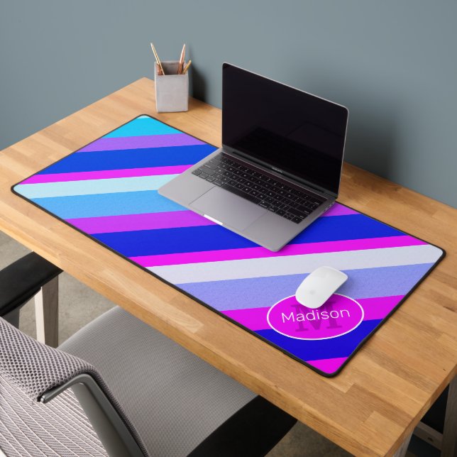 Pink blue retro geometric lines Monogram Desk Mat (Office 2)
