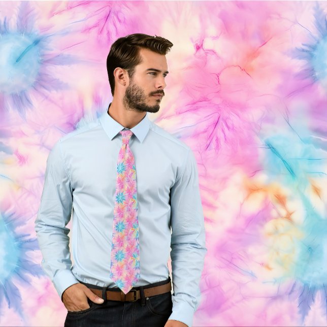 Pink & Blue Retro Tie Dye Pattern (Man wearing colorful pink tie-dye necktie. Background matches tie.)