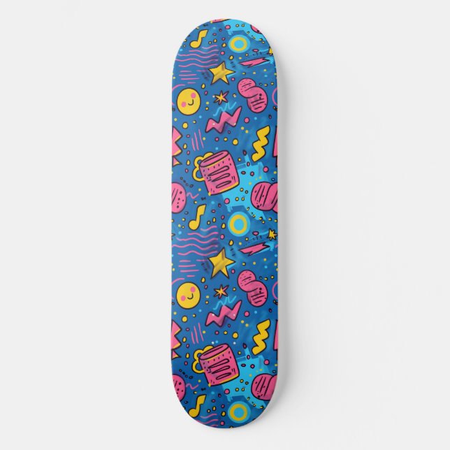 Pink Blue Retro Y2K Chequered Design Skateboard (Front)
