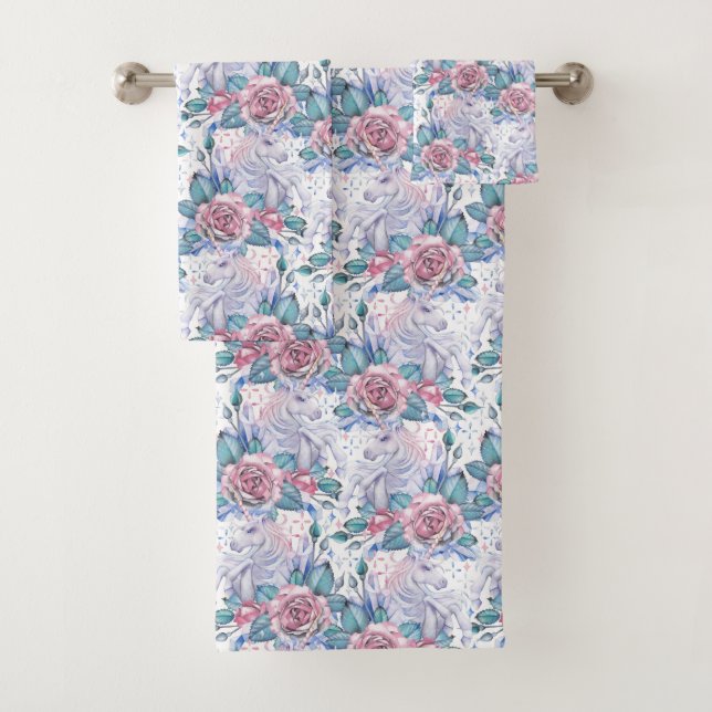 Pink & Blue Rose Pattern Bath Towel Set (Insitu)
