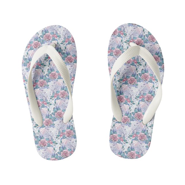 Pink & Blue Rose Pattern Kid's Thongs (Footbed)