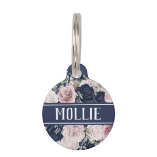 Pink Blue Roses Floral Name and Address Pet Tag