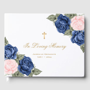 Pink Blue Roses Gold Floral Memorial Funeral Guest Book