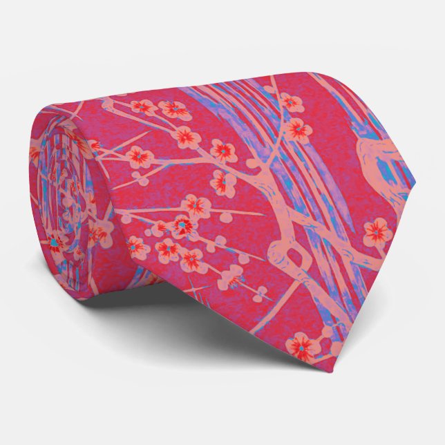 PINK BLUE SAKURA FLOWERS Antique Japanese Floral  Tie (Rolled)