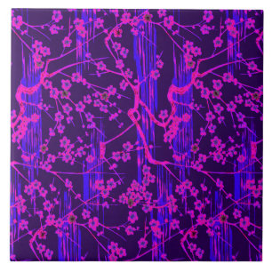 PINK BLUE SAKURA FLOWERS Japanese Floral Pattern Ceramic Tile