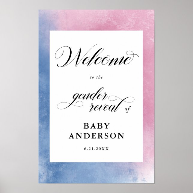 Pink & Blue Script Gender Reveal Welcome Poster (Front)