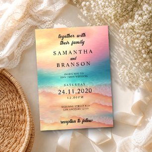 Pink Blue Sea Modern Ocean Beach Sand Watercolor Invitation