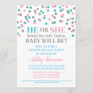 Pink Blue Silver Confetti Gender Reveal Shower Invitation