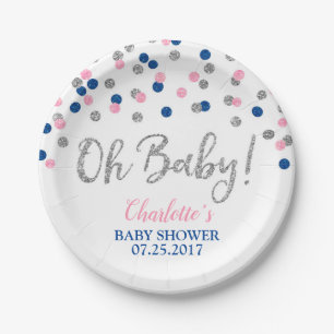Pink Blue Silver Dots Gender Reveal Baby Shower Paper Plate
