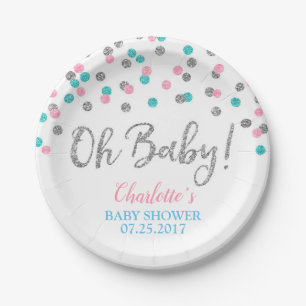 Pink Blue Silver Dots Gender Reveal Baby Shower Paper Plate