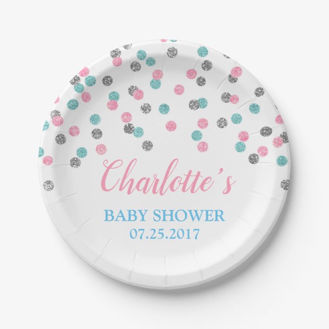 Pink Blue Silver Dots Gender Reveal Baby Shower Paper Plate (Front)