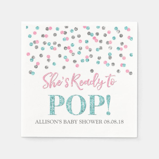 Pink Blue Silver Dots She's Ready to Pop Napkin (Front)