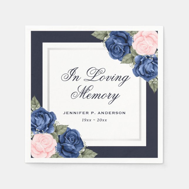 Pink Blue Silver Floral Funeral Memorial Napkin (Front)