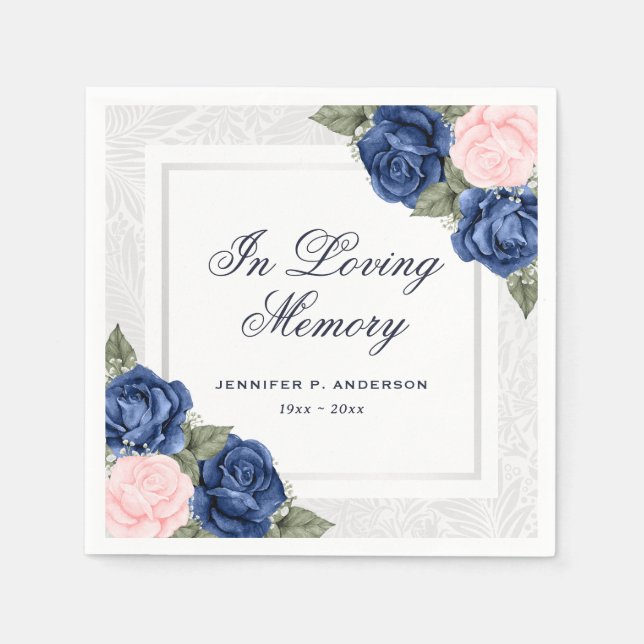 Pink Blue Silver Floral In Loving Memory Funeral Napkin (Front)