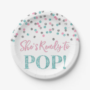 Pink Blue Silver She's Ready to Pop Baby Shower Paper Plate