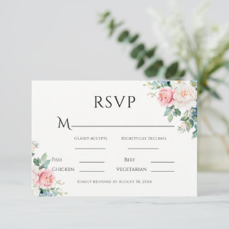 Pink & Blue Simple Floral Modern Wedding RSVP Card