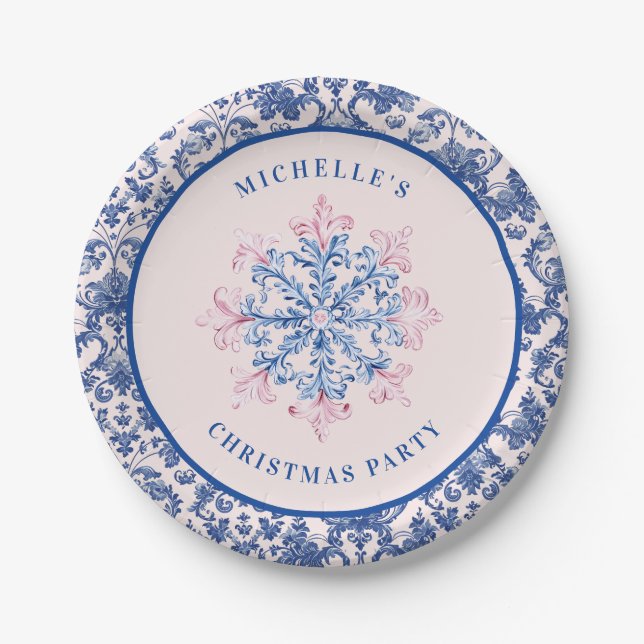 Pink & Blue Snowflake W/ Damask Border Paper Plate (Front)